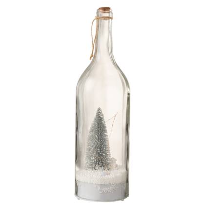 J-Line decoratie Fles Kerst Sneeuw - glitter - zilver - LED lichtjes