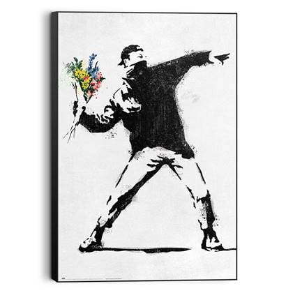 Schilderij - Banksy - flower bomber - 90x60 cm Hout