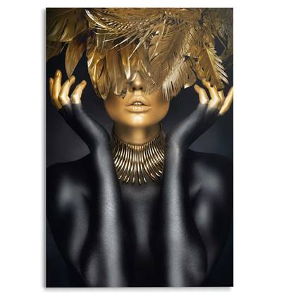 Glasschilderij Mensen Woman with golden feathers 116x78 cm