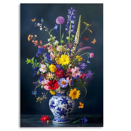 Glasschilderij - Delfts Blauw bloemen - 116x78 cm Glas