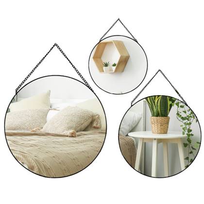 MISOU Spiegel Set van 3 Rond Zwart Metaal Wandspiegel Wanddecoratie...