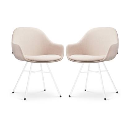 Nolon Noa-Mae Eetkamerstoelen Set van 2 Beige - met Armleuning - Stof - Wit Metalen Poten - Design - Scandinavisch - Comfortabel