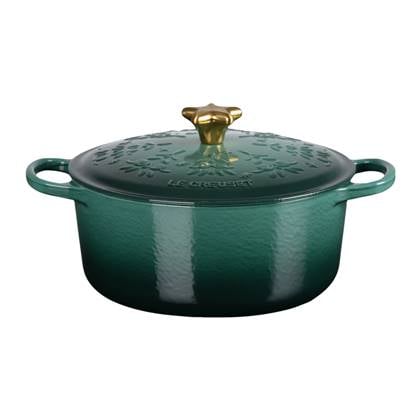 Le Creuset Braadpan Rond Signature 24 cm Kerstboom met Goudkleurige Knop in Geëmailleerd Gietijzer