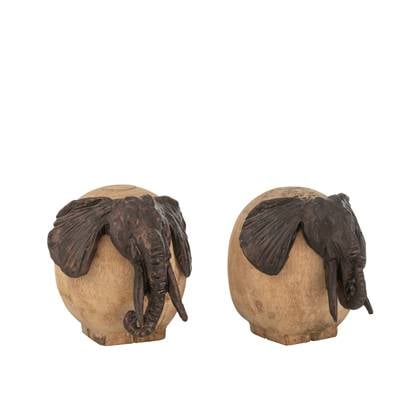 J-Line figuur Olifant - hout|metaal - naturel| - 2 stuks Brons