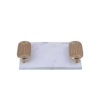 PTMD Dez White Marble Rectangle Tray Golden Handles S