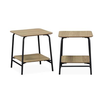sweeek - Set van 2 nachtkastjes met houtdecor en stalen frame en legplank