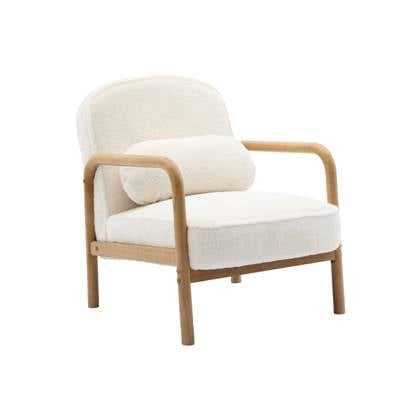 sweeek - Scandinavische ronde fauteuil in heveahout en stof met imitatiebonteffect