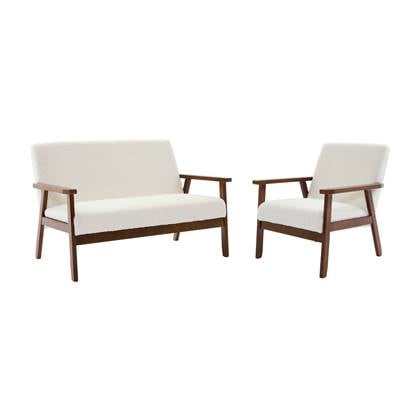 sweeek - 2-persoons bank en fauteuil van boucléstof, poten in licht Wit