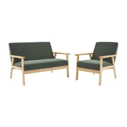 sweeek - Bank 2-zits + fauteuil, corduroy, houten poten. Groen