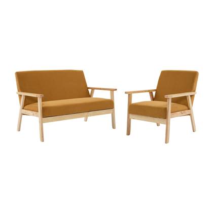 sweeek - Bank 2-zits + fauteuil, corduroy, houten poten. Geel