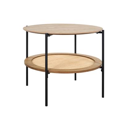 sweeek - Vintage salontafel met dubbel blad van hout en riet, zwart metalen onderstel en frame