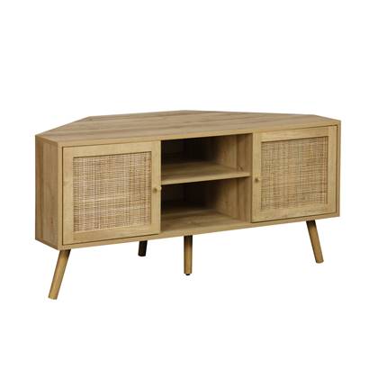 sweeek - Hoek-tv-meubel in houtdecor en rotan, 2 deuren, 1 plank, 115 cm