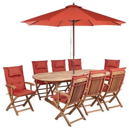 Beliani-MAUI II-Tuinset voor 8 met parasol-Lichthout|Rood-Acaciahout Bruin