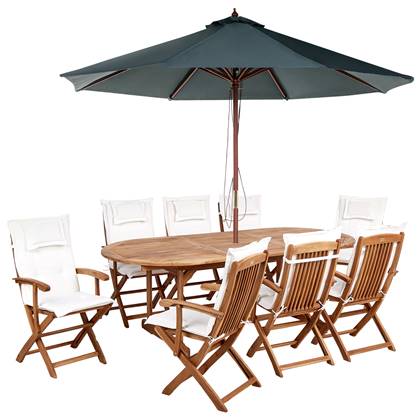 Beliani-MAUI II-Tuinset voor 8 met parasol-Lichthout|Wit-Acaciahout Bruin