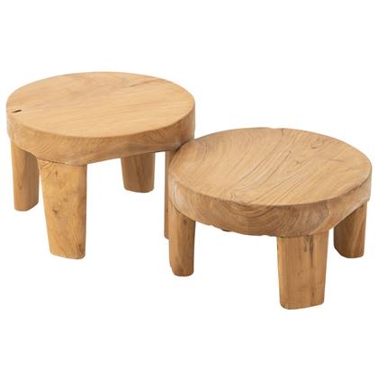 J-line - Set Van 2 Tafel Rond Teak Hout Naturel - 50x50x35cm Bruin
