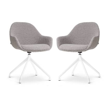 Nolon Nola-Mae Eetkamerstoelen Set van 2 Bouclé Taupe - Draaibaar - met Armleuning - Stof - Wit Onderstel - Design - Comfortabel