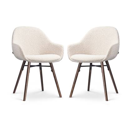 Nolon Nena-Mae Eetkamerstoelen Set van 2 Bouclé Beige - met Armleuningen - Stof - Houten Poten - Walnoot - Design - Scandinavisch - Comfortabel