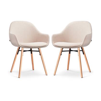 Nolon Nena-Mae Eetkamerstoelen Set van 2 Beige - met Armleuningen - Stof - Houten Poten - Design - Scandinavisch - Comfortabel