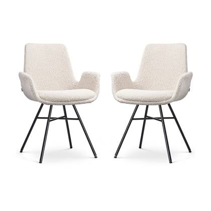 Nolon Noa-Eef Eetkamerstoelen Set van 2 Bouclé Beige - met Armleuning - Stof - Zwart Metalen Onderstel - Lage Armleuning - Industrieel - Design