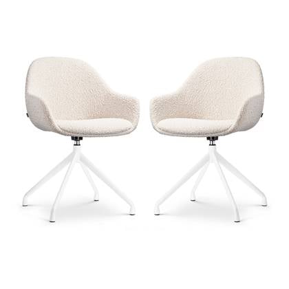 Nolon Nola-Mae Eetkamerstoelen Set van 2 Bouclé Beige - Draaibaar - met Armleuning - Stof - Wit Onderstel - Design - Comfortabel