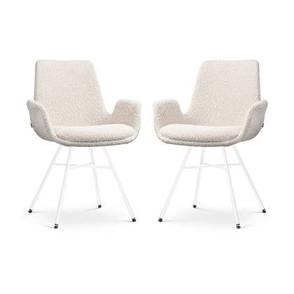 Nolon Noa-Eef Eetkamerstoelen Set van 2 Bouclé Beige - met Armleuning - Stof - Wit Metalen Onderstel - Lage Armleuning - Industrieel - Design