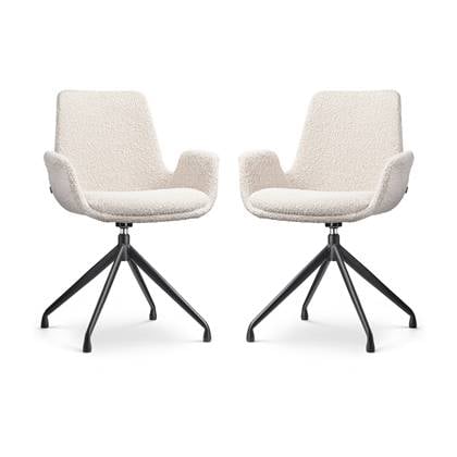 Nolon Nola-Eef Eetkamerstoelen Set van 2 Bouclé Beige - Draaibaar - met Armleuning - Stof - Zwart Onderstel - Lage Armleuning - Design - Scandinavisch