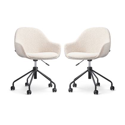 Nolon Nout-Mae Bureaustoelen Set van 2 Bouclé Beige - Stof - Verstelbaar - Wieltjes - Wit Onderstel - Design - Comfortabel