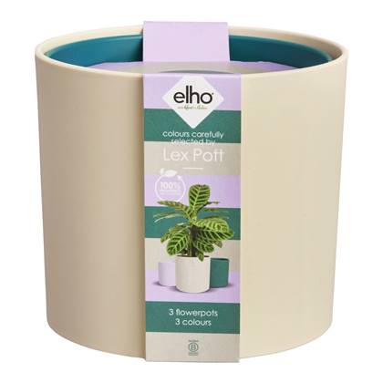 Elho Lex Pott set van 3 - Bloempotten voor Binnen - 100% Gerecycled Plastic - Ø 11. 13 en 14 cm - Fluweel Crème