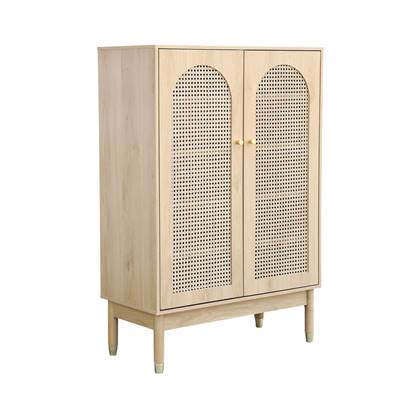 sweeek - Schoenenkast / klein dressoir met 2 deuren en rotan judith, 20 paar schoenen, 4 planken, voeten van rubberhout met gouden afwerking