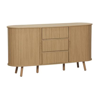 sweeek - Scandinavisch ovaal dressoir, 2 schuifdeuren, 4 vakken, 3 laden, gegroefd houteffect, natuurlijke kleur, b 150 x d 40 x h 79cm