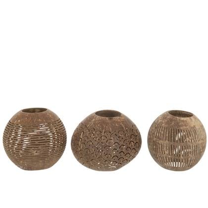 J-Line theelichthouder Kokosnoot Lijnen - jute - bruin - 3  stuks