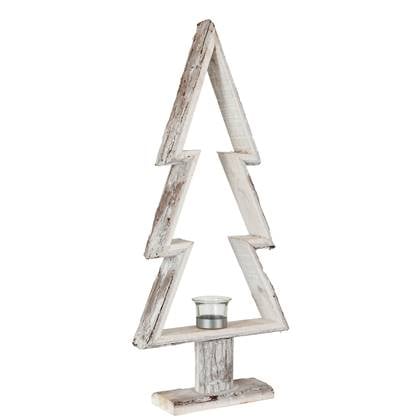 J-Line theelichthouder Kerstboom - hout - bruin|wit - large
