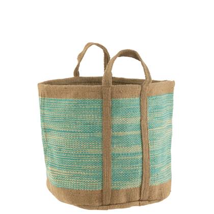 J-Line Mand Rond Met Handvaten Jute Naturel/Azuur