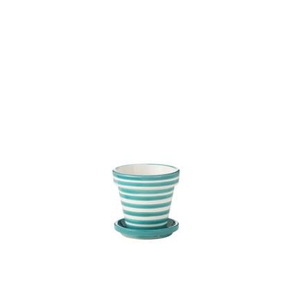 J-Line Flowerpot+Plate Granada Stripes Handmade+Painted Ceramic Aqua Small