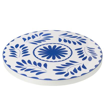 J-Line Dienblad Rond Bloemen Mangohout Blauw/Wit