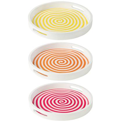 J-Line Dienblad Rond Mangohout Roze/Oranje/Geel Assortiment Van 3