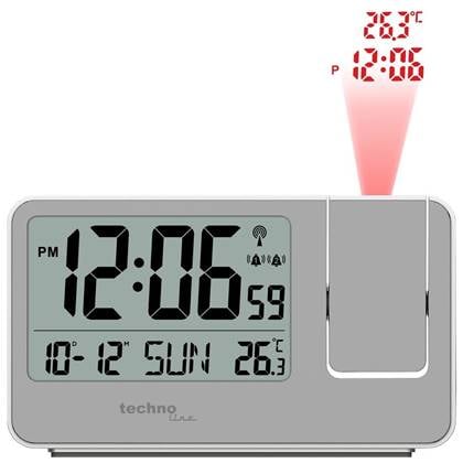 Technoline WT 534 - Wekker - Projectiewekker (180°) - Digitaal - Rechthoek - Radiogestuurde tijdsaanduiding - 12/24h - Datumaanduiding - Binnentemperatuur - 12/24 - 2 alarmen - Sno