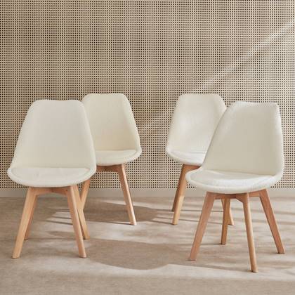 sweeek - Scandinavische boucléstoel met houten poten (set van 4) Wit