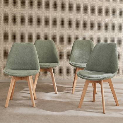 sweeek - Scandinavische boucléstoel met houten poten (set van 4) Groen