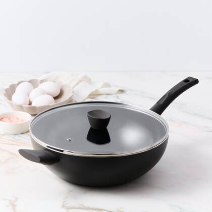 ISENVI Avon keramische wok met deksel 32 CM - Ergo greep Antraciet