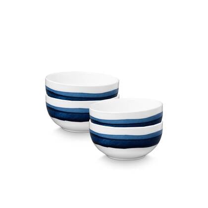 vtwonen Painted Kommen - Ronde schaaltjes - Serviesset van 4 - 15cm Blauw, Wit