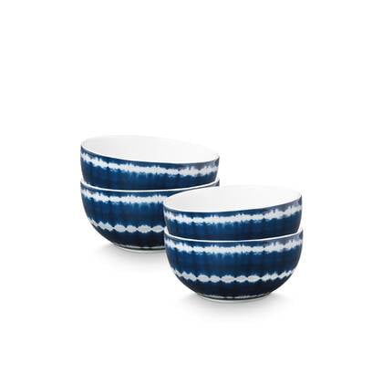 vtwonen Tie-Dye Kommen - Ronde schaaltjes - Serviesset van 4 - 15cm Blauw, Wit