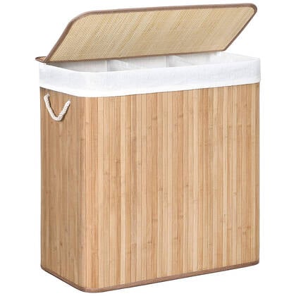Calicosy - Wasmand van bamboe met 3 compartimenten, deksel en handvatten, 150L - L60 x H61,5 cm