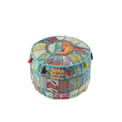 J-Line Poef Rond Patronen+Kwasten Katoen Blauw