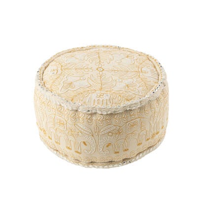 J-Line Poef Rond Olifanten+Spiegels Katoen Creme|Goud Large Wit