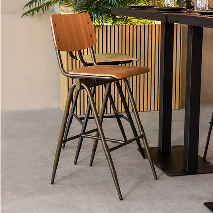 LABEL51 - Barkruk Solid - Walnoot Hout - Antiekgoud Metaal Bruin