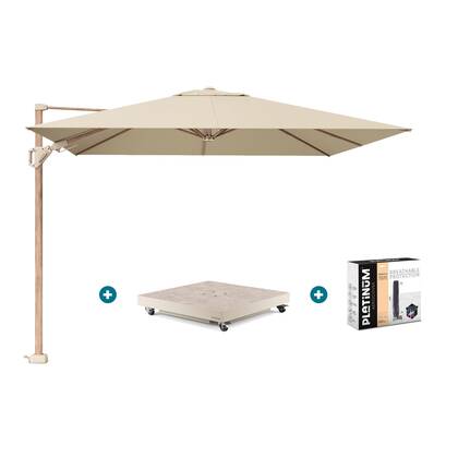 Platinum Challenger zweefparasol Premium T2 champagne teak met vulbare parasolvoet en hoes Taupe