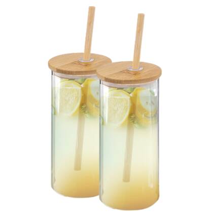 OTIX Drinkglazen met Bamboo Deksel met Rietje 2 Stuks 400 ml Waterg... Transparant