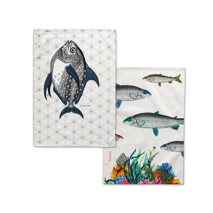 Fish Keukenhanddoek 2 stuks 70x50 cm Happyfriday, Veelkleurig, 100% katoen, de kwaliteit van 200 Gr x m2 Multicolor