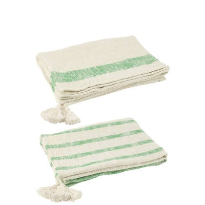 J-Line plaid Strepen + Kwasten - katoen - wit| - 2 stuks Groen
